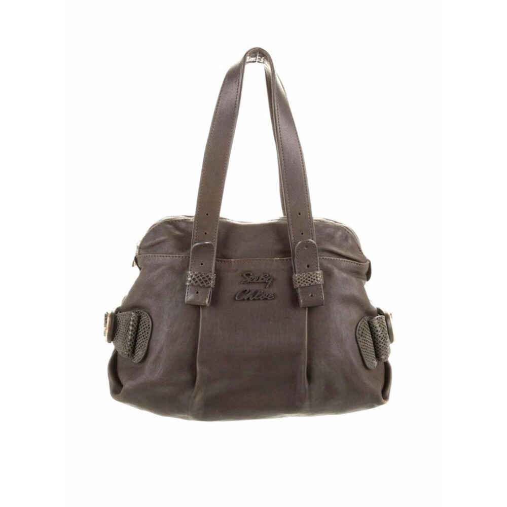 See by Chloé Gray Brown Leather Shoulder Bag Snakeskin Trim